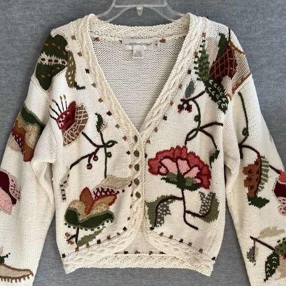 All Week Long Chunky Cardigan Sweater M Floral Cottagecore Cabin Beige Crochet - Picture 2 of 13